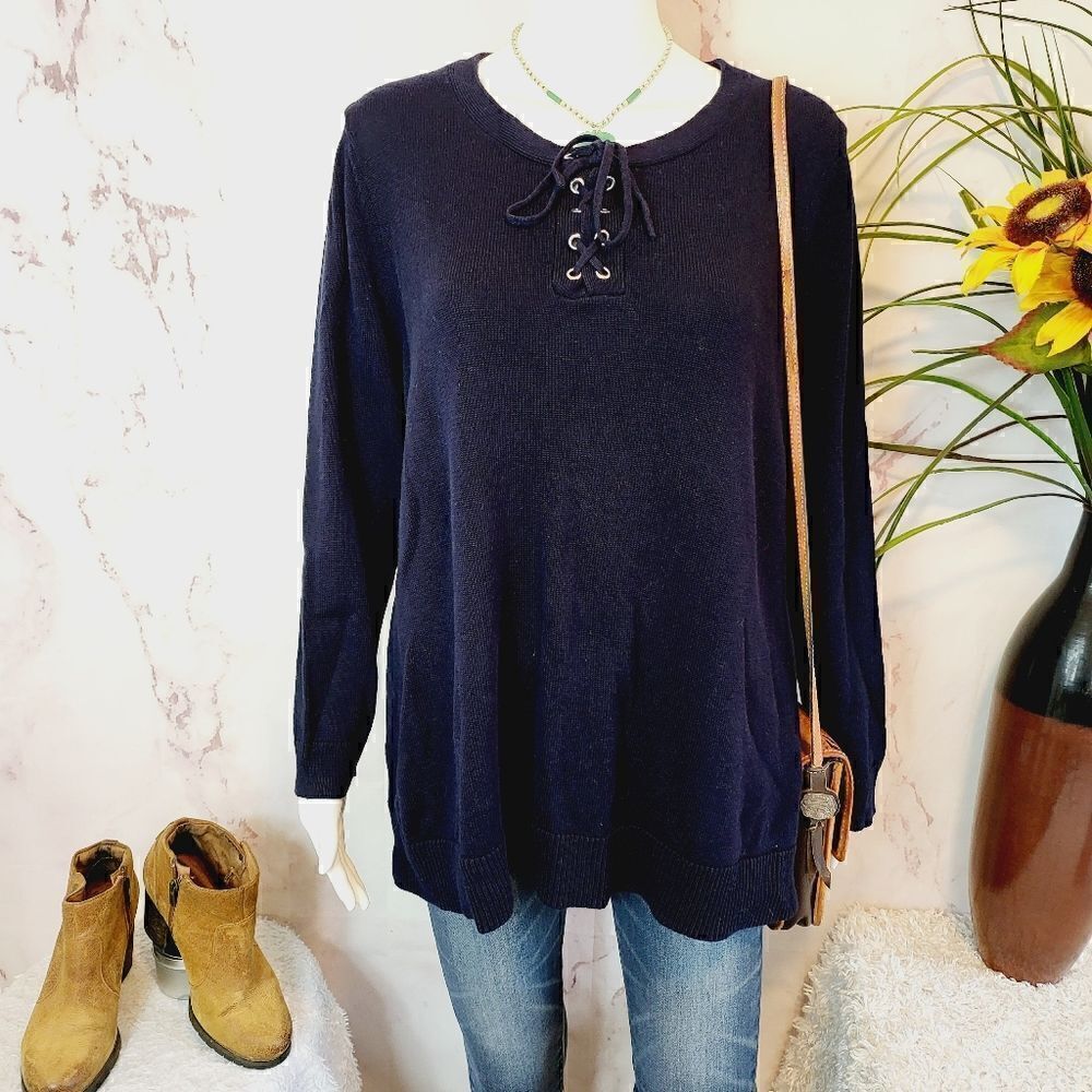 Talbots soft knit cotton blend lace up neckline navy sweater